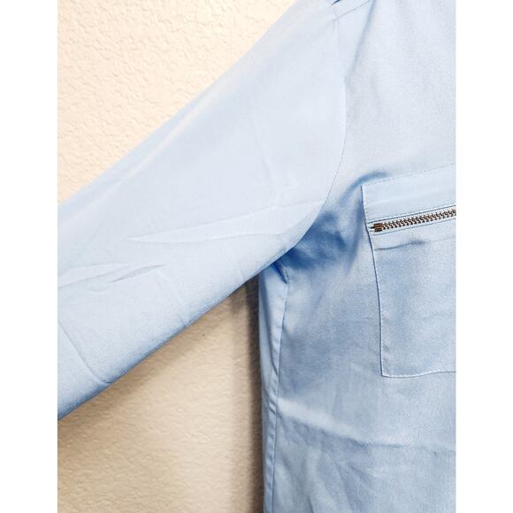 Calvin Klein Blue Zipper Pockets Button Up Top Large Long Roll Tab Sleeves Soft - Picture 2 of 6